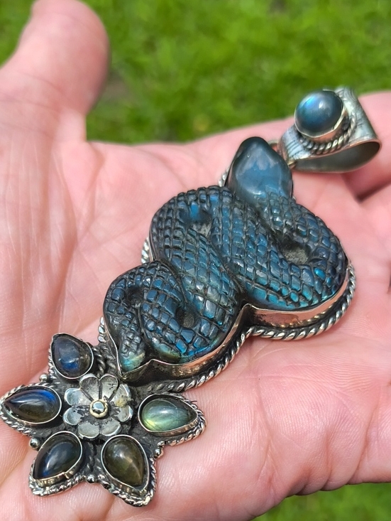 Artisan Jewelry - GORGEOUS HUGE STATEMENT Labradorite Snake Tibetan Silver Pendant Boho Chic Goth